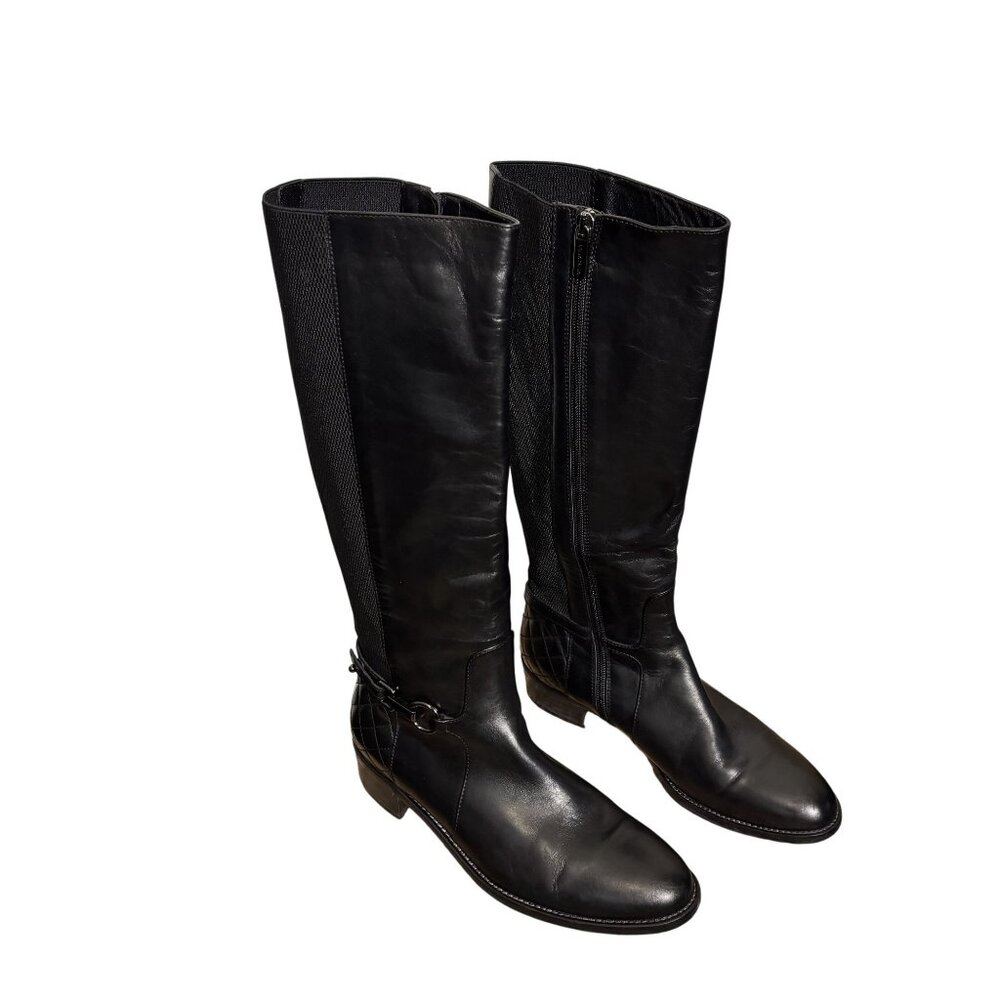 Aquatalia Oralie Equestrian Knee High Boot 8 Black Leather Side Zip Quilted - Picture 11 of 15